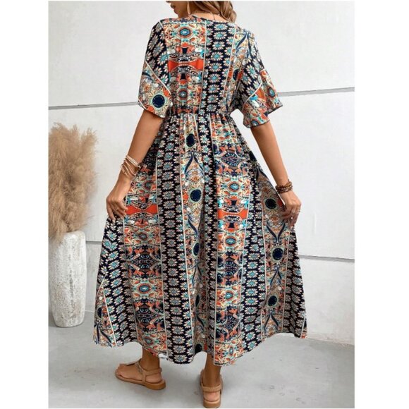 boho gypsy floral geo paisley print short sleeve maxi dress navy blue - Picture 2 of 2
